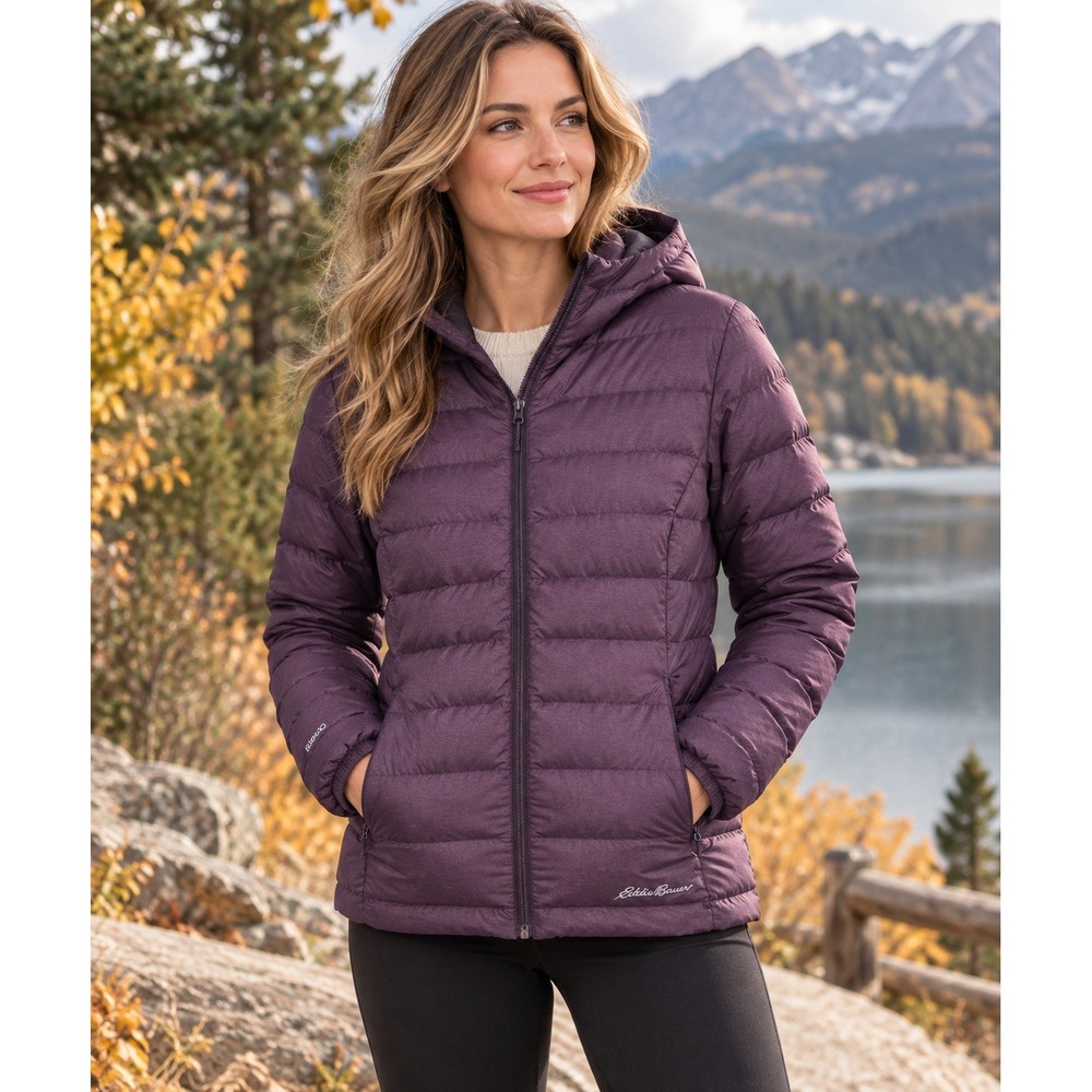 Eddie Bauer EB650 Down Puffer Jacket Womens M Purple Hooded Packable Winter